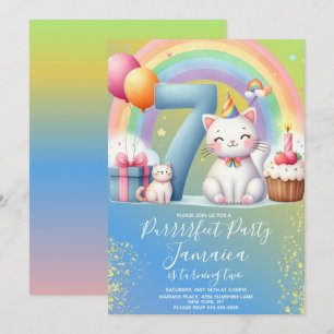 Invitación Kit de cumpleaños número 7 de gatito arcoíris fies