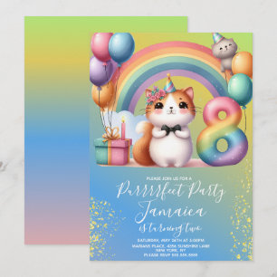 Invitación Kit de cumpleaños número 8 Gatito Arcoíris Fiesta