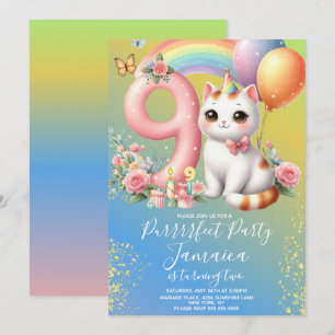 Invitación Kit de cumpleaños número 9 Gatito Arcoíris Fiesta