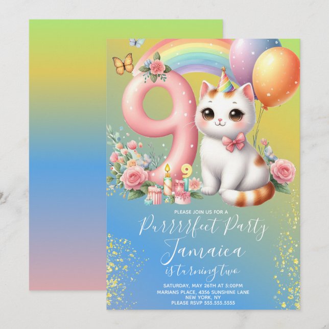 Invitación Kit de cumpleaños número 9 Gatito Arcoíris Fiesta (Anverso / Reverso)