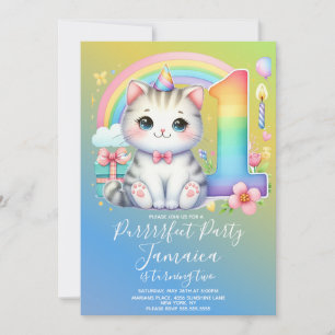 Invitación Kit de Cumpleaños Número Uno de Gatito Arcoíris Fi