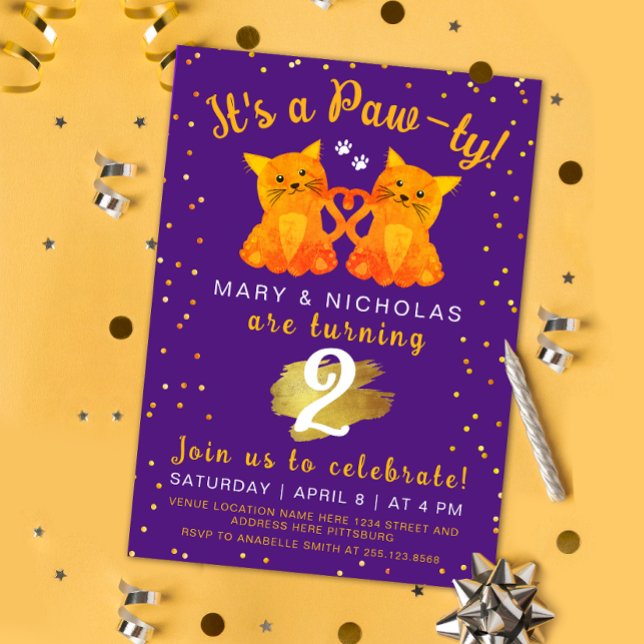 Invitación Kit de gemelos de gato naranja morado para fiesta  (Subido por el creador)
