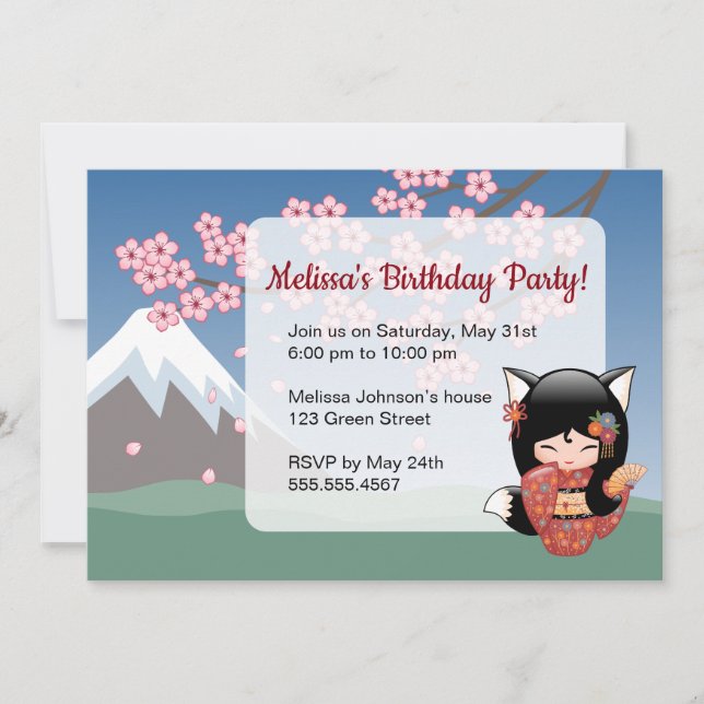 Invitación Kitsune Kokeshi Doll, Black Fox Birday Party (Anverso)