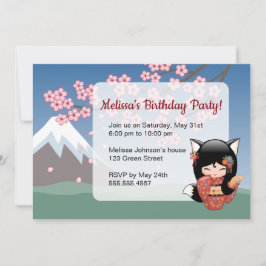 Invitación Kitsune Kokeshi Doll, Black Fox Birday Party