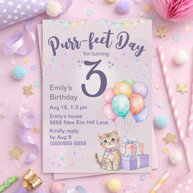 Invitación Kitten Cat Pastel Little Girl's 3rd Birthday ("Purr-fect day for turning 3" cute kitten 3rd birthday party invitation for little girls)