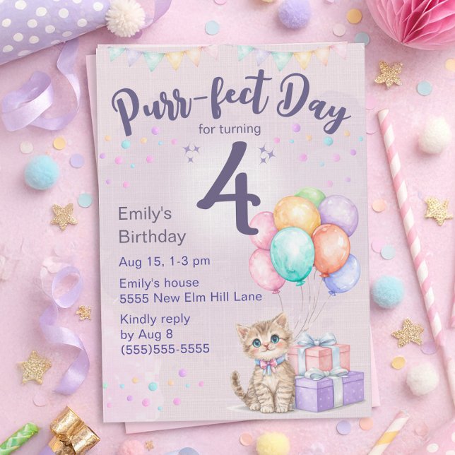 Invitación Kitten Cat Pastel Little Girl's 4th Birthday ("Purr-fect day for turning 4" cute kitten 4th birthday party invitation for little girls)