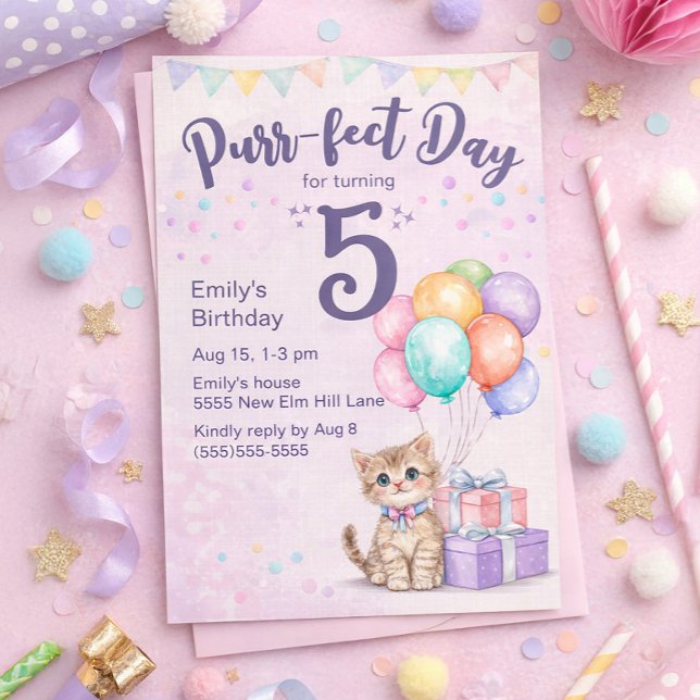 Invitación Kitten Cat Pastel Little Girl's 5th Birthday ("Purr-fect day for turning 5" cute kitten birthday party invitation)