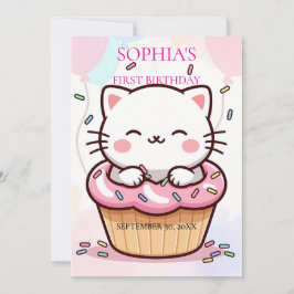 Invitación Kitten Cupcake First Birthday