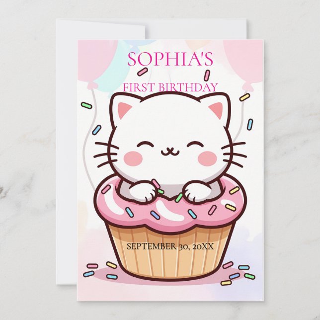 Invitación Kitten Cupcake First Birthday (Anverso)