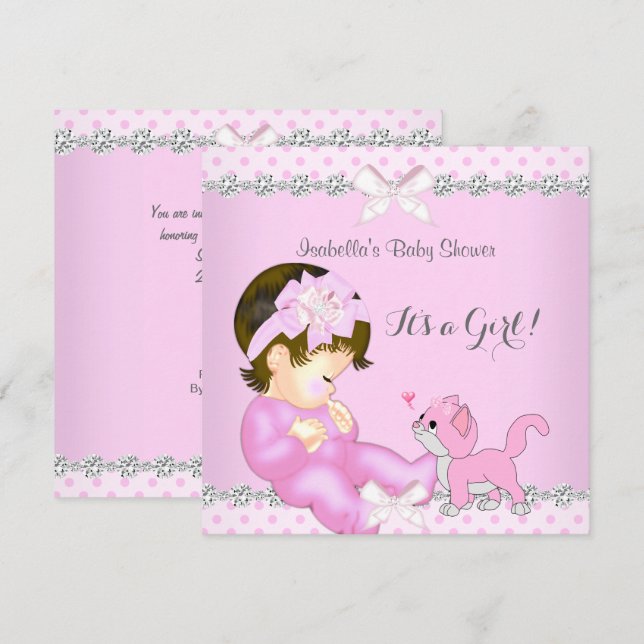 Invitación Kitten de punto de polka rosado Chica de Baby Show (Anverso / Reverso)