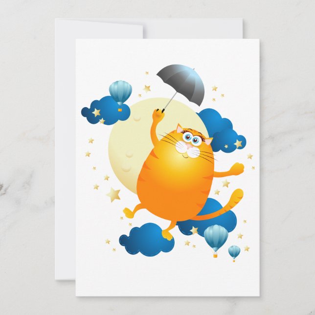 Invitación Kitten lindo volando con paraguas (Anverso)