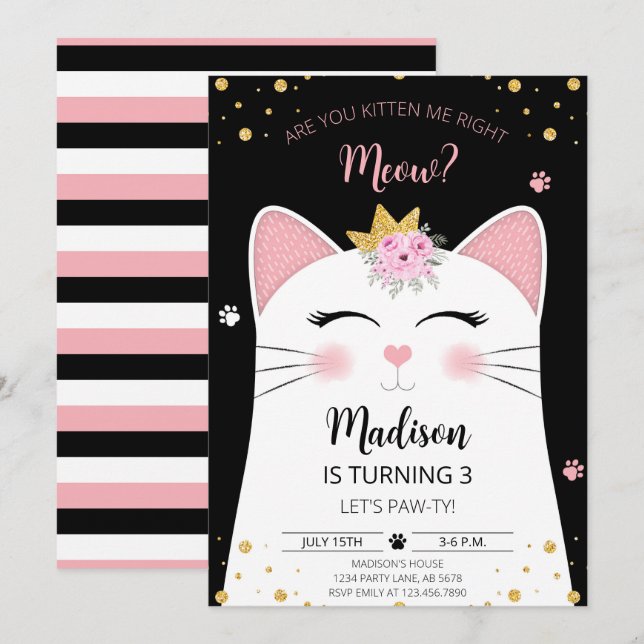 Invitación Kitten Meow Birthday Black (Anverso / Reverso)