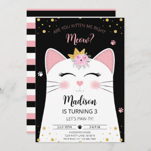 Invitación Kitten Meow Birthday Black