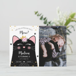 Invitación Kitten Meow Birthday Black Photo