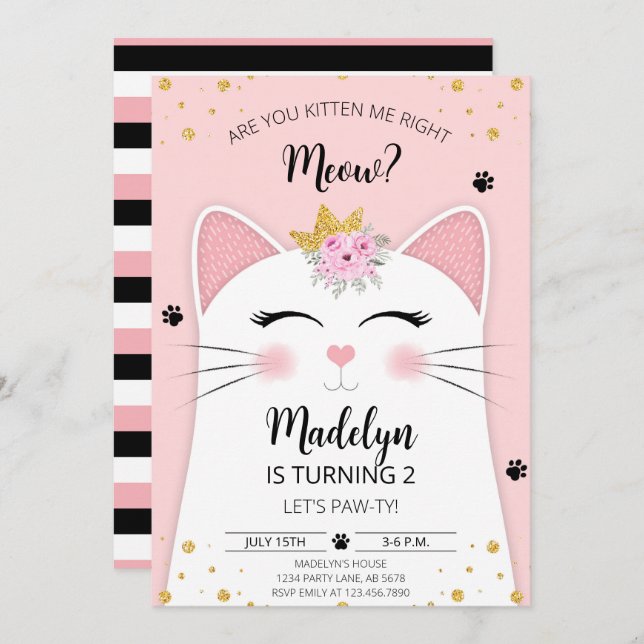 Invitación Kitten Meow Birthday Pink (Anverso / Reverso)