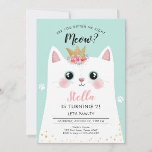 Invitación Kitten Meow Chica de la Corona Verde azulada Kitty