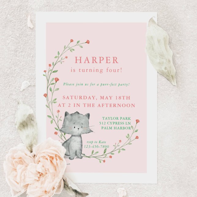 Invitación Kitten Rubor Floral Birthday Party (Subido por el creador)