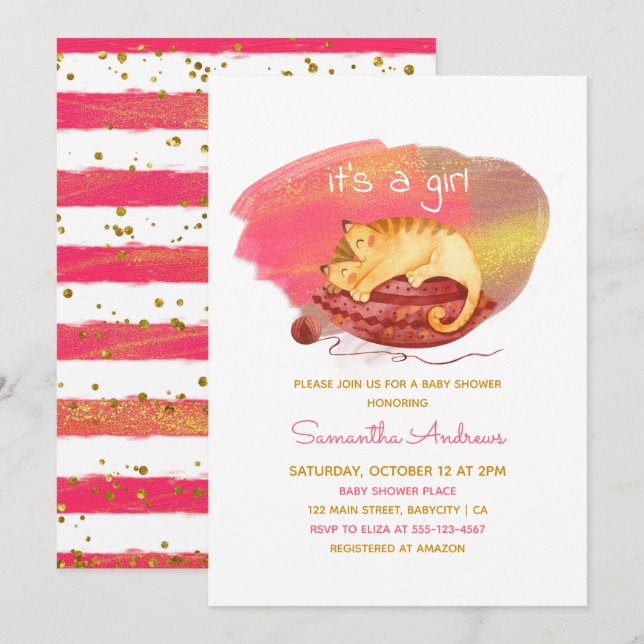Invitación Kitten somnoliento acuarela es un Baby Shower Chic (Anverso / Reverso)
