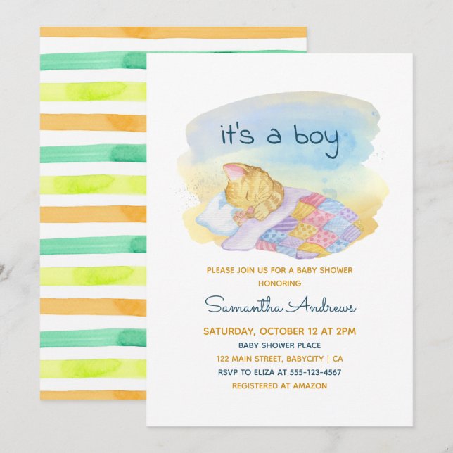 Invitación Kitten somnoliento acuarela es un joven Baby Showe (Anverso / Reverso)