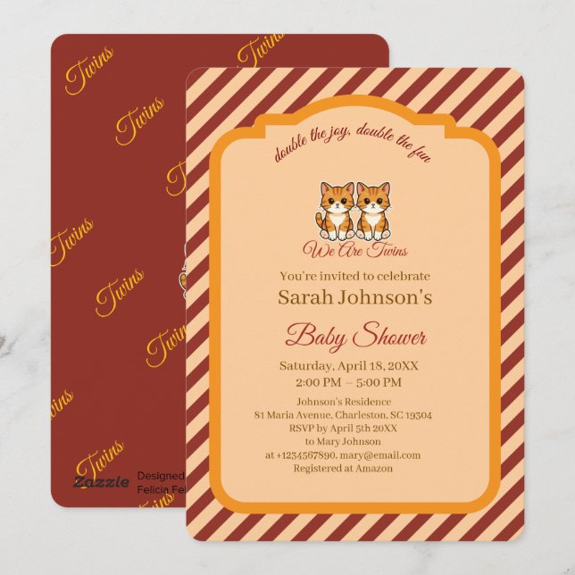 Invitación Kitten Twins Baby Shower Orange  Burgundy Stripes (Anverso / Reverso)