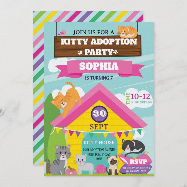 Invitación Kitty Birthday Invitation / Girl Kitten Party (Anverso / Reverso)