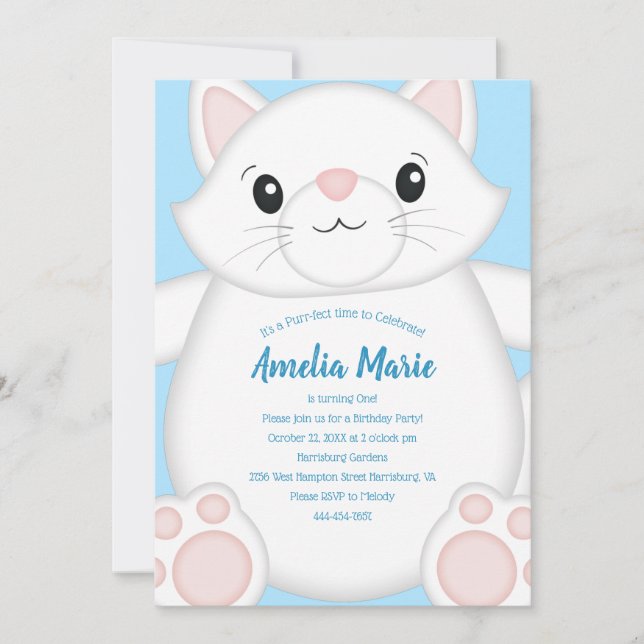 Invitación Kitty Blue de la fiesta de cumpleaños del gato (Anverso)