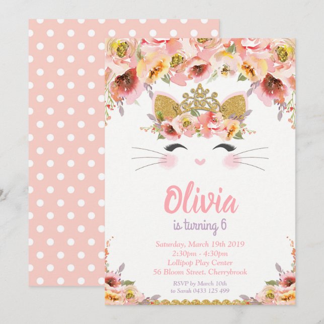 Invitación Kitty Cat Birthday Party Princess (Anverso / Reverso)