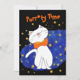 Invitación Kitty Cat Blue Starry Night con estrellas de oro