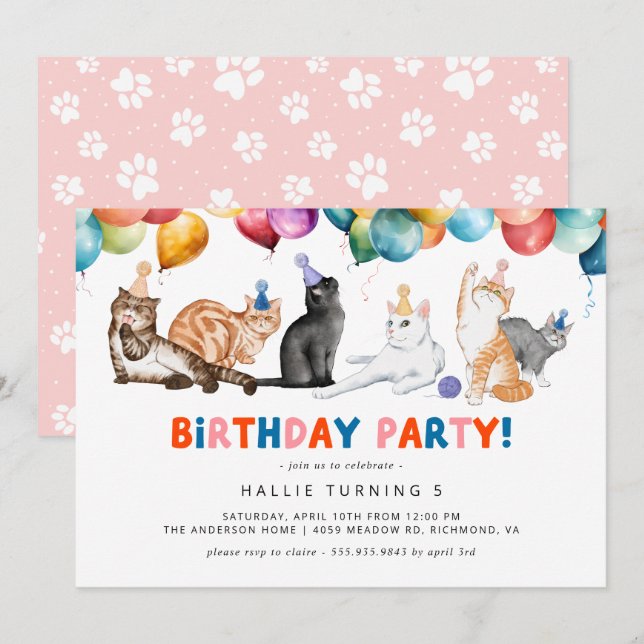 Invitación Kitty Cat Fiesta | Cumpleaños de niños divertidos  (Anverso / Reverso)