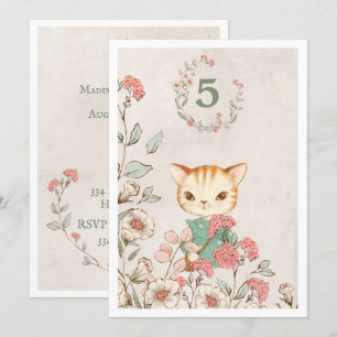 Invitación Kitty Cat Floral Girly Kitten Cumpleaños de 5 años