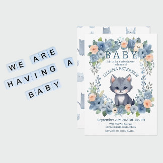Invitación Kitty Cat Kitten Pastel Blue Boy Baby Shower