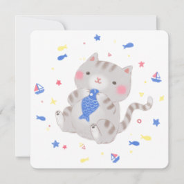 Invitación Kitty lindo con pescado en Ilustracion de verano