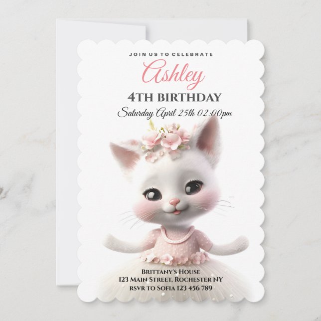 Invitación Kitty lindo con vestido rosa (Anverso)