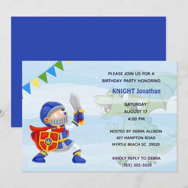 Invitación Knight En La Fiesta De Cumpleaños Del Dragón Armor (Anverso / Reverso)