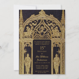Invitación Knight Medieval Temático Birthday Black Gold Gothi