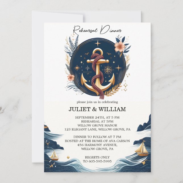 Invitación Knot Bote Navy Blue Nautical Rehearner (Anverso)