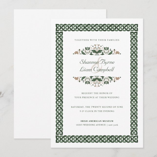 Invitación Knot celta | Moderno Boda floral irlandés (Anverso / Reverso)