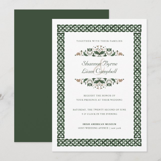 Invitación Knot celta | Moderno Boda floral irlandés (Anverso / Reverso)