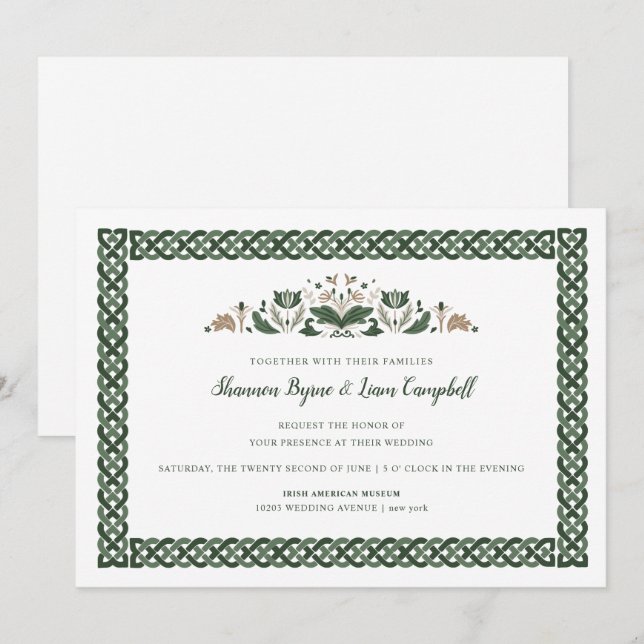 Invitación Knot celta | Moderno Boda floral irlandés (Anverso / Reverso)