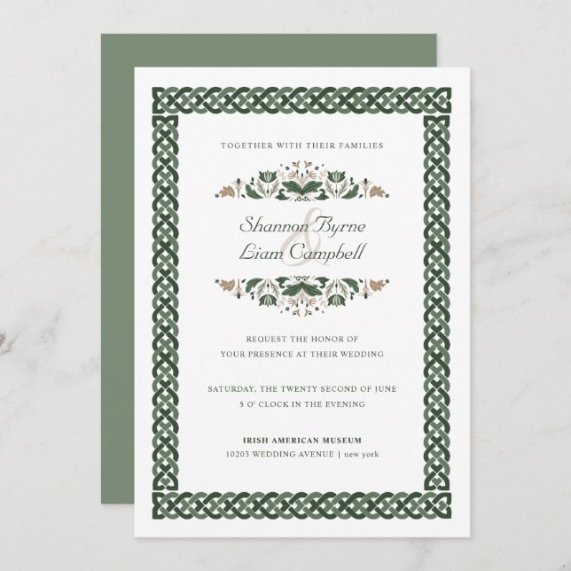 Invitación Knot celta | Moderno Boda floral irlandés (Anverso / Reverso)