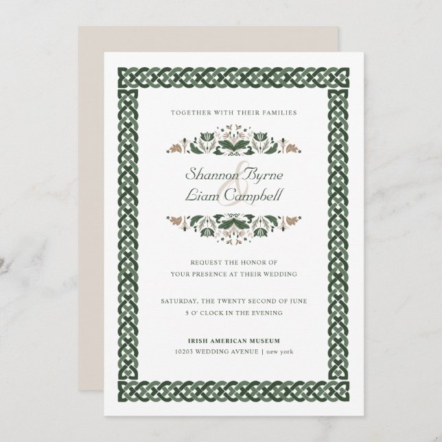 Invitación Knot celta | Moderno Boda floral irlandés (Anverso / Reverso)