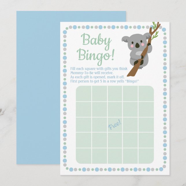 Invitación Koala Bear Baby Shower Bingo Game Blue Boy (Anverso / Reverso)