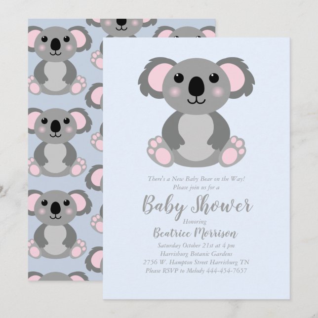 Invitación Koala Bear Baby Shower Blue Boy (Anverso / Reverso)