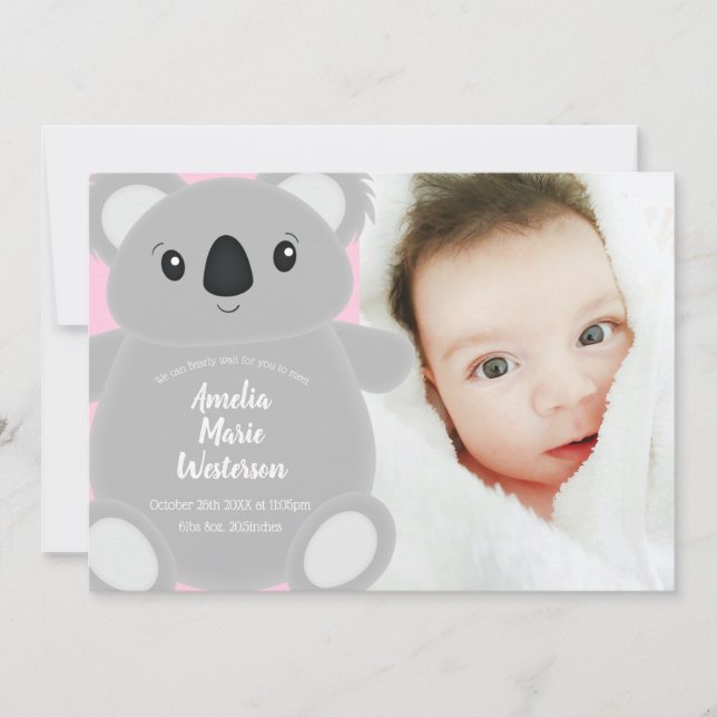 Invitación Koala Bear Baby Shower Chica (Anverso)
