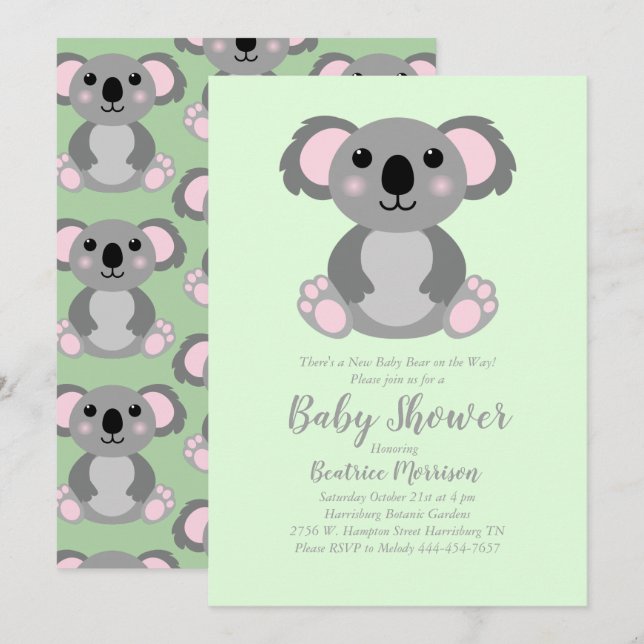 Invitación Koala Bear Baby Shower Green Gender Neutral (Anverso / Reverso)