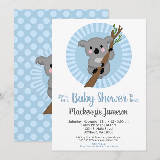 Invitación Koala Bear Blue Boys Baby Shower (Anverso / Reverso)
