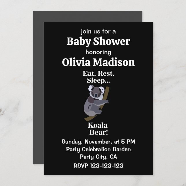 Invitación Koala Bear Funny Baby Shower (Anverso / Reverso)