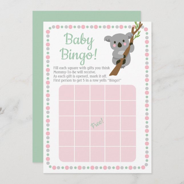 Invitación Koala Bear Juego de Bingo Baby Shower Chica Rosa (Anverso / Reverso)