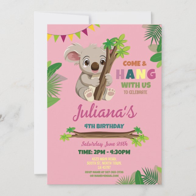 Invitación Koala Cute Chicas Fiesta Cumpleaños Pink (Anverso)