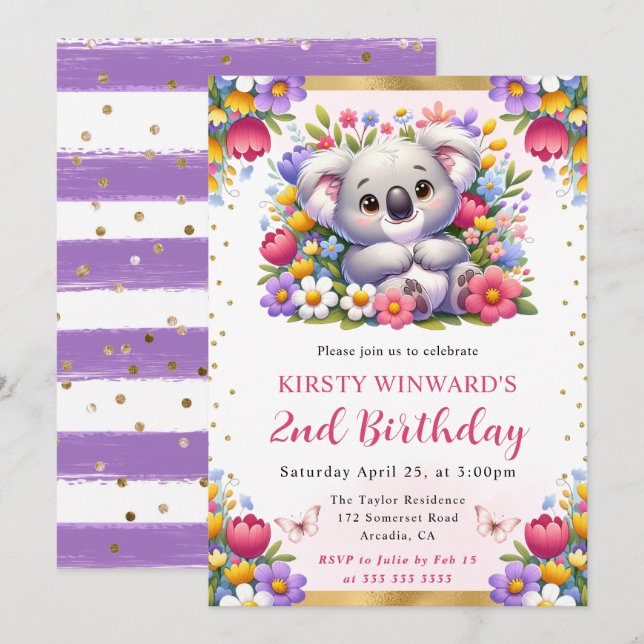 Invitación Koala de Pascua en acuarela y flores de primavera  (Anverso / Reverso)